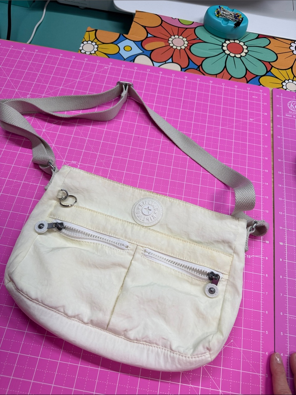 Kipling Cream Crossbody Bag with Adjustable Gray Strap
